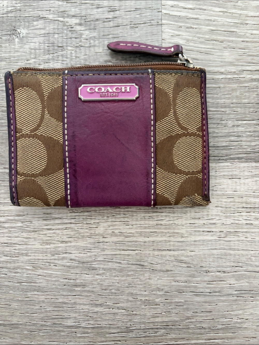 Coach Brown Signature Canvas with Purple Leather Zip Card Case